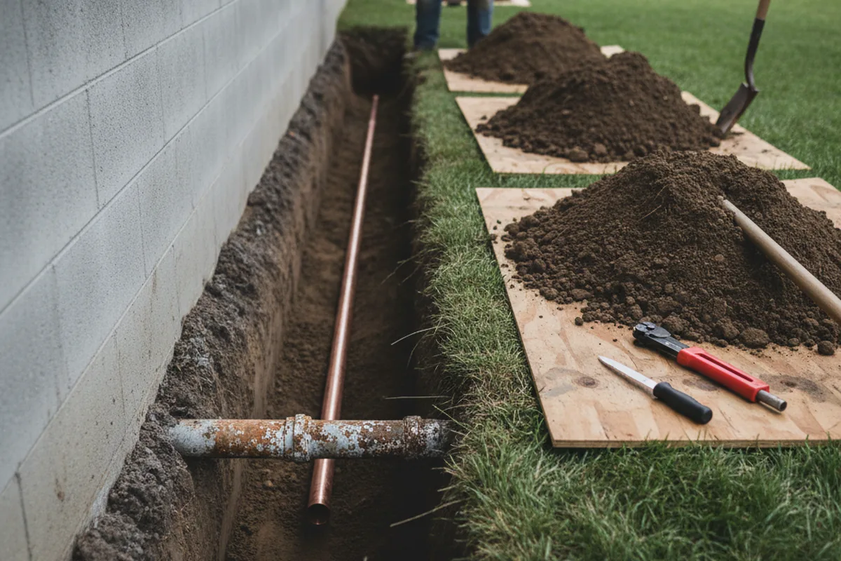 Excavated water line trench during Water Heater Repair in West Bloomfield